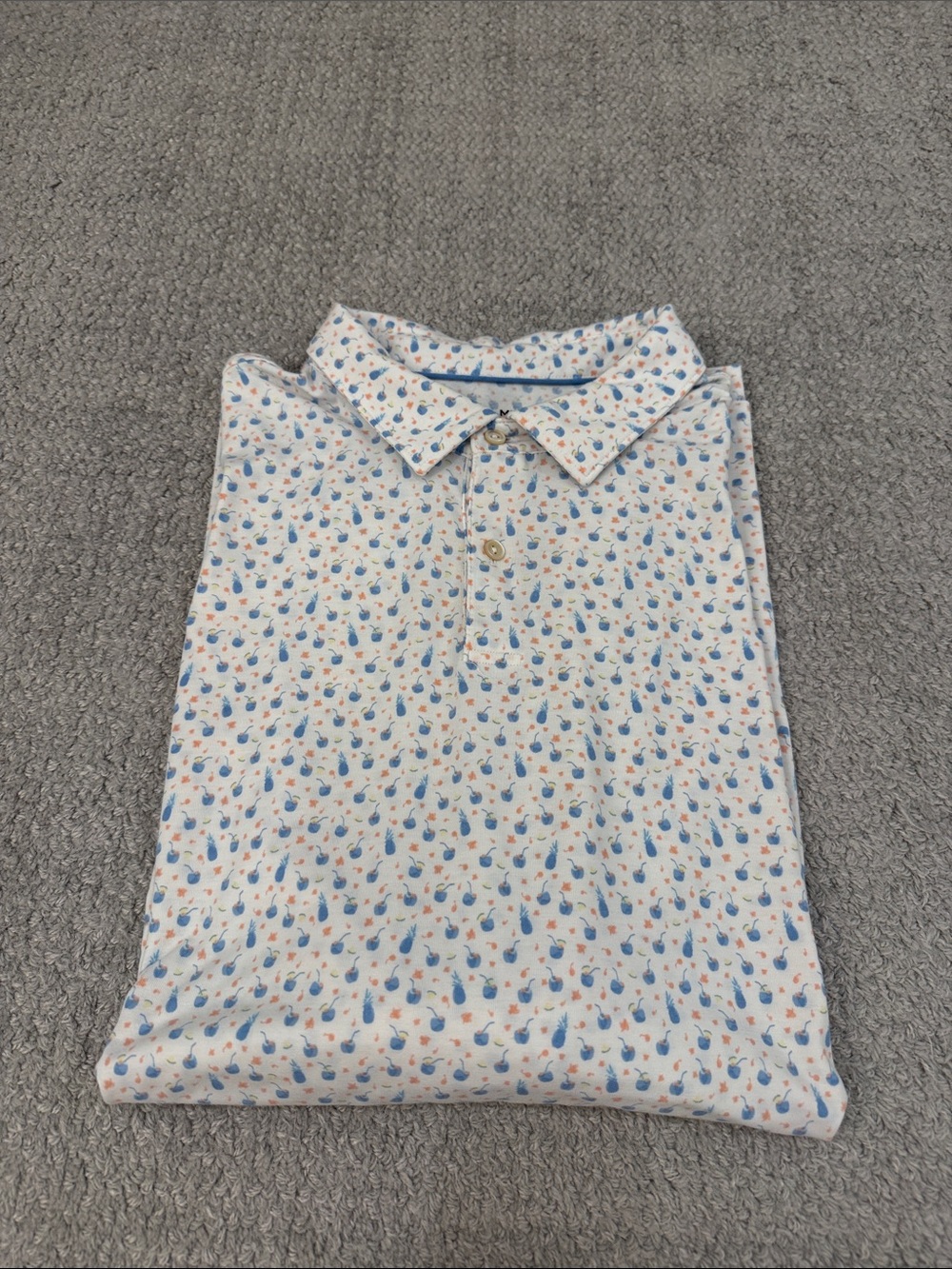 Peter Millar Men’s White Polo Shirt with Blue & Orange Pineapple Print